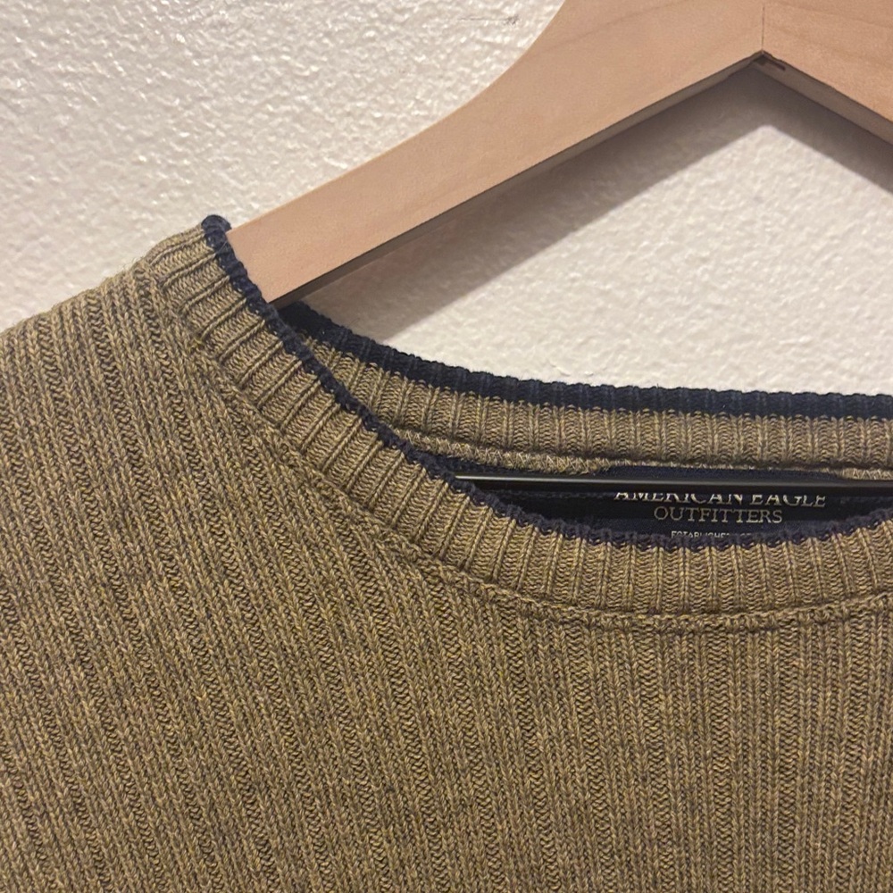 American Eagle Vintage Blue and Khaki Crewneck Knit Sweater - 🥰Real Knit!